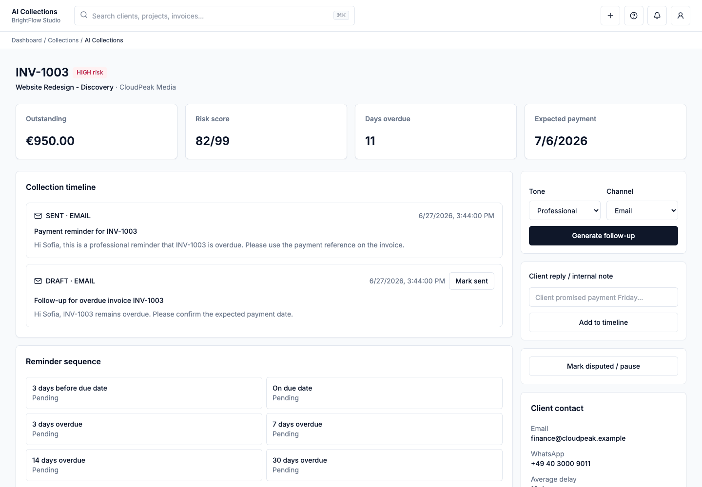 SimplifyClient AI Collections Manager showing invoice risk, expected payment date, reminder message, and collection timeline