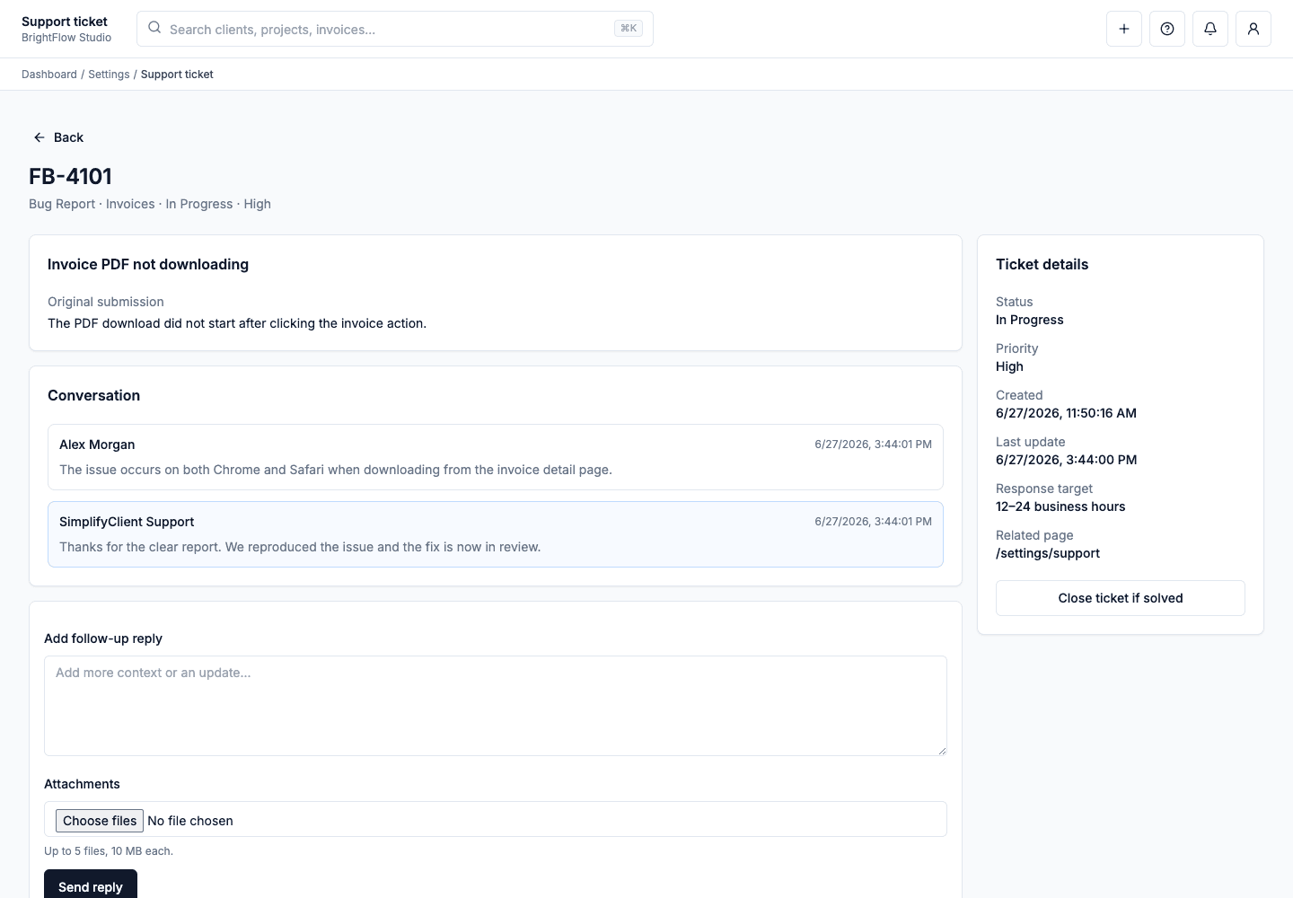 SimplifyClient support ticket showing status, priority, ticket details, and a support conversation