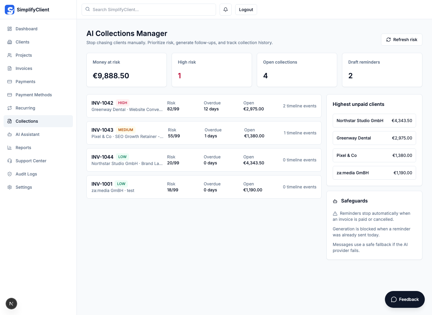 AI Collections Manager with payment risk scores, money at risk, risk queue, and generated reminder.